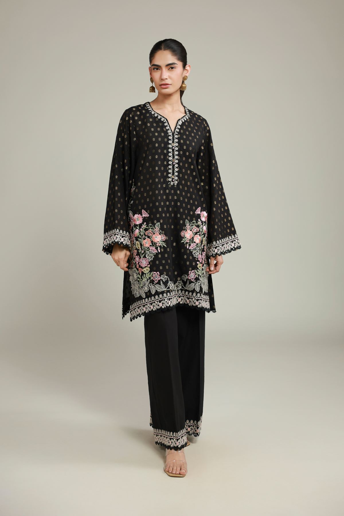 Embroidered Jacquard Black Tailored Set - 1-26-134-A-F-VG