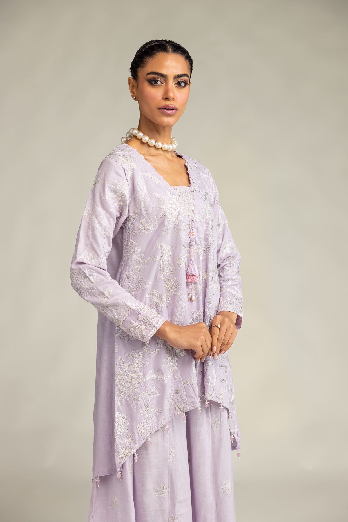 Embroidered Raw Silk Floral Lavender Kurta - 1-26-322-B-A1-VG