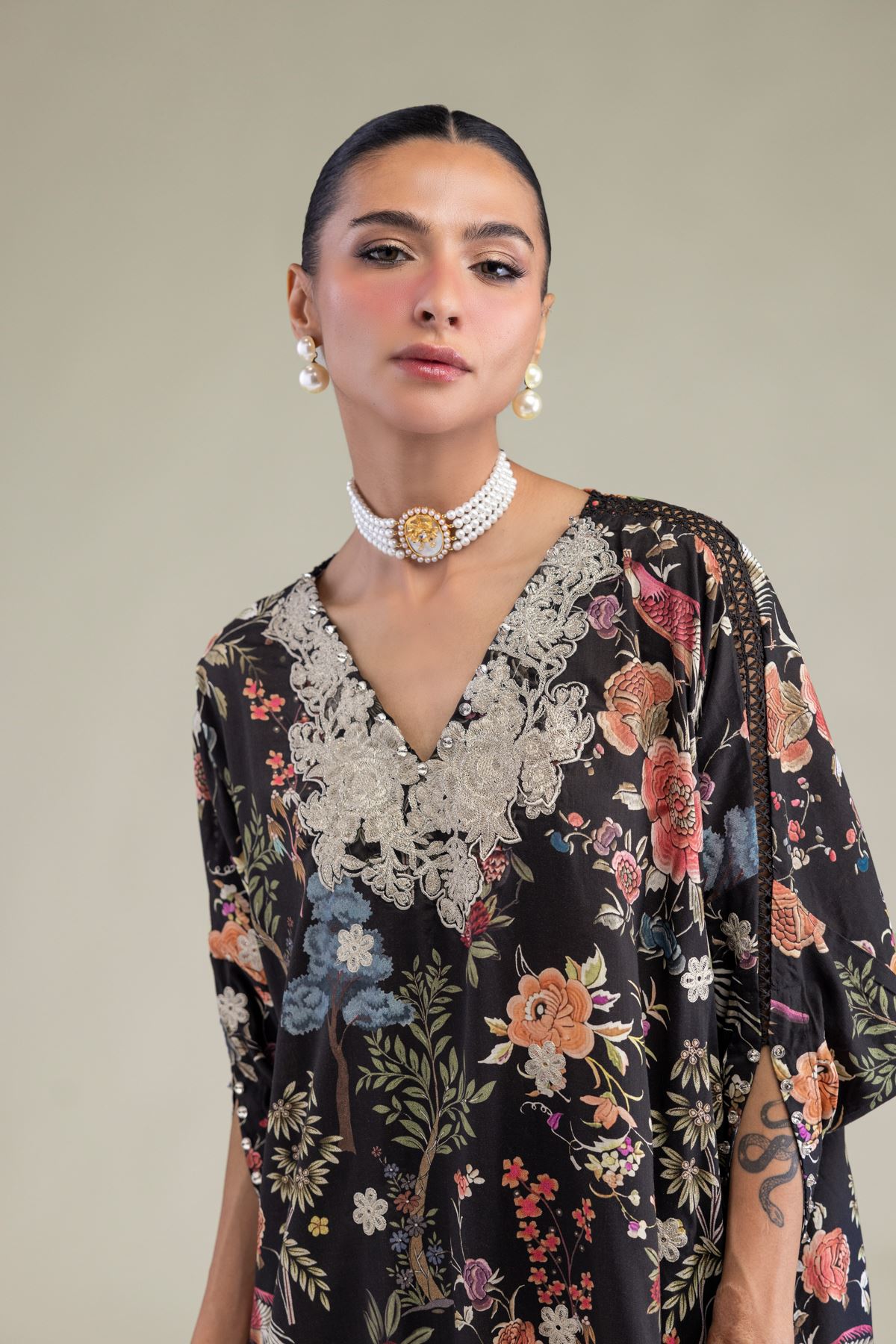 Embroidered Raw Silk Black V-Neck Kurta - 8-26-201-A-B1-VG
