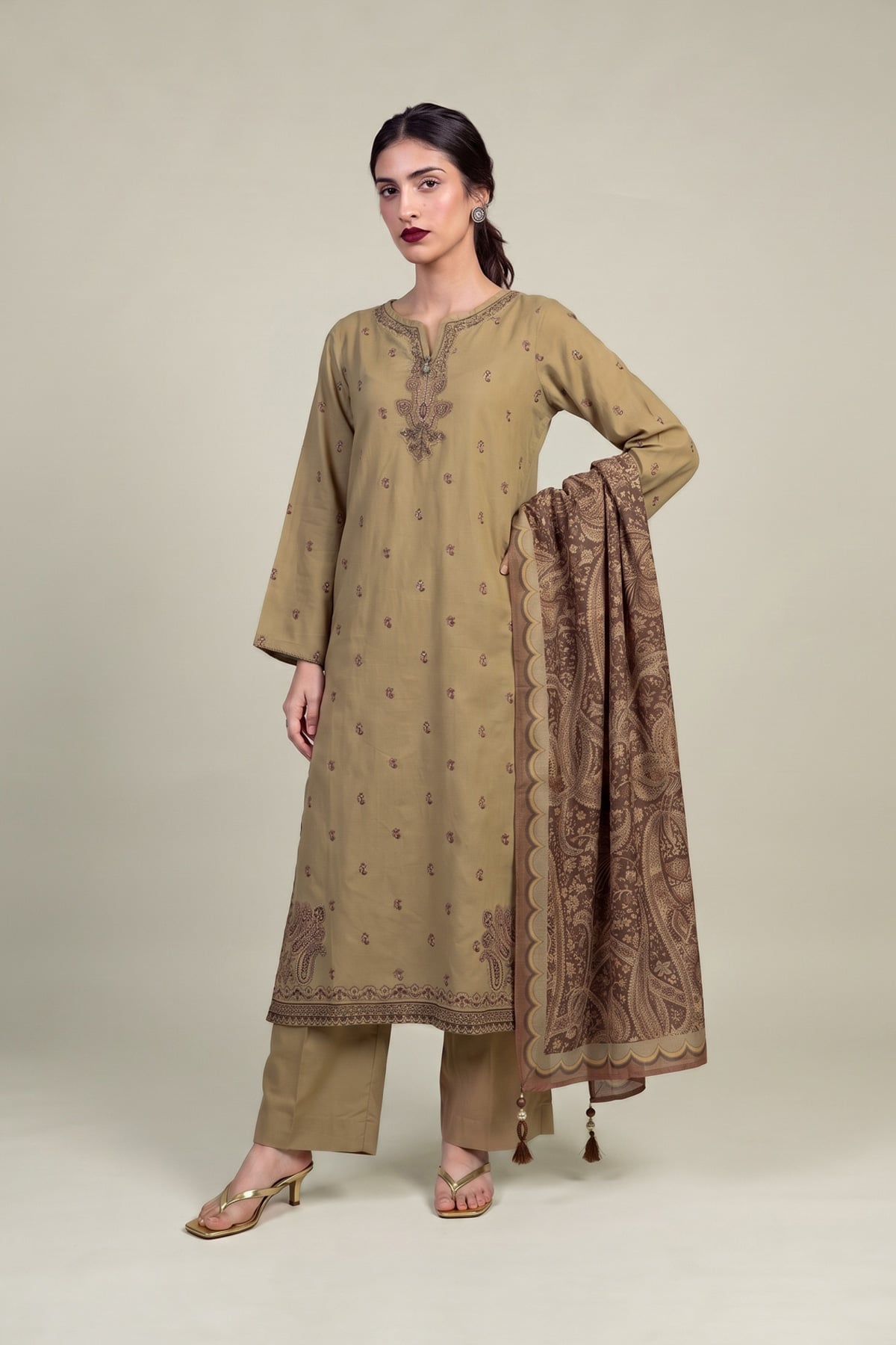 Embroidered Raw Silk Solid Olive Pants - 1-26-102-A-F-VG