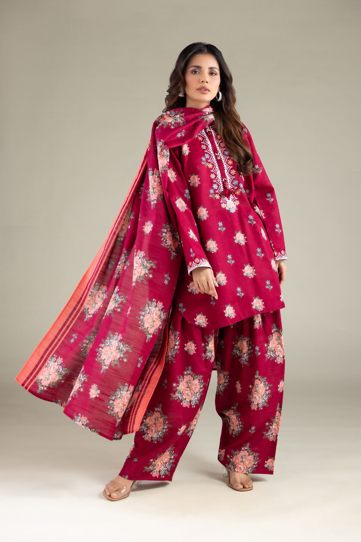 Embroidered Textured Cotton All-Season Striped Dupatta - 1001918628