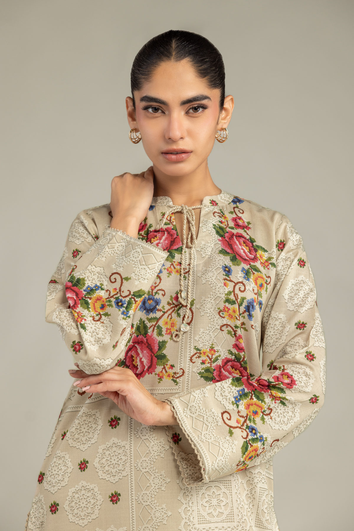 Embroidered Raw Silk Floral Beige Kurta - 1-26-102-A-F-VG