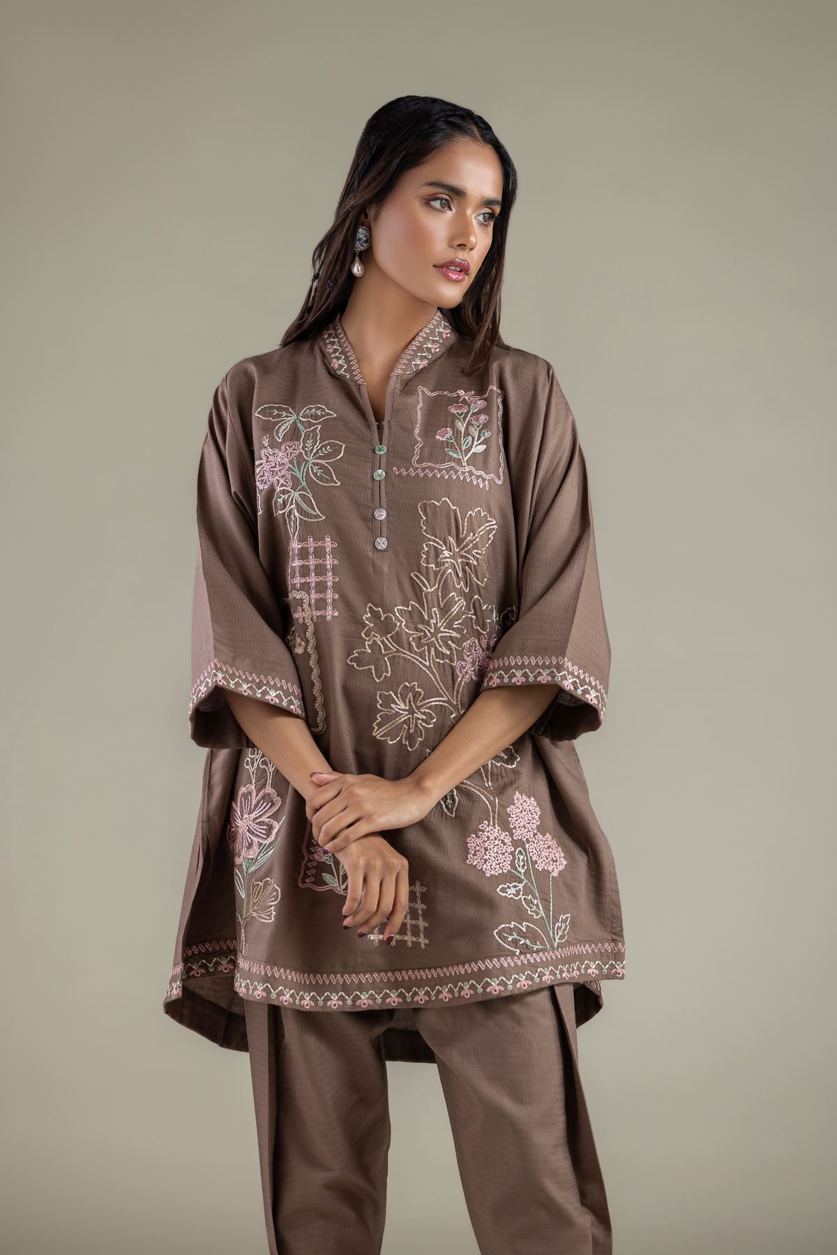 Embroidered Cotton Dobby Floral V-Neck Kurta - 1-26-114-A-F-VG