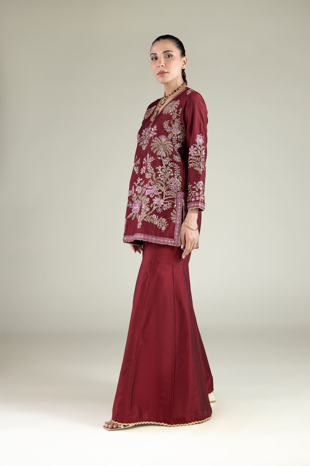 Embroidered Raw Silk Floral V-Neck Kurta - 2-26-105-A-E-VG