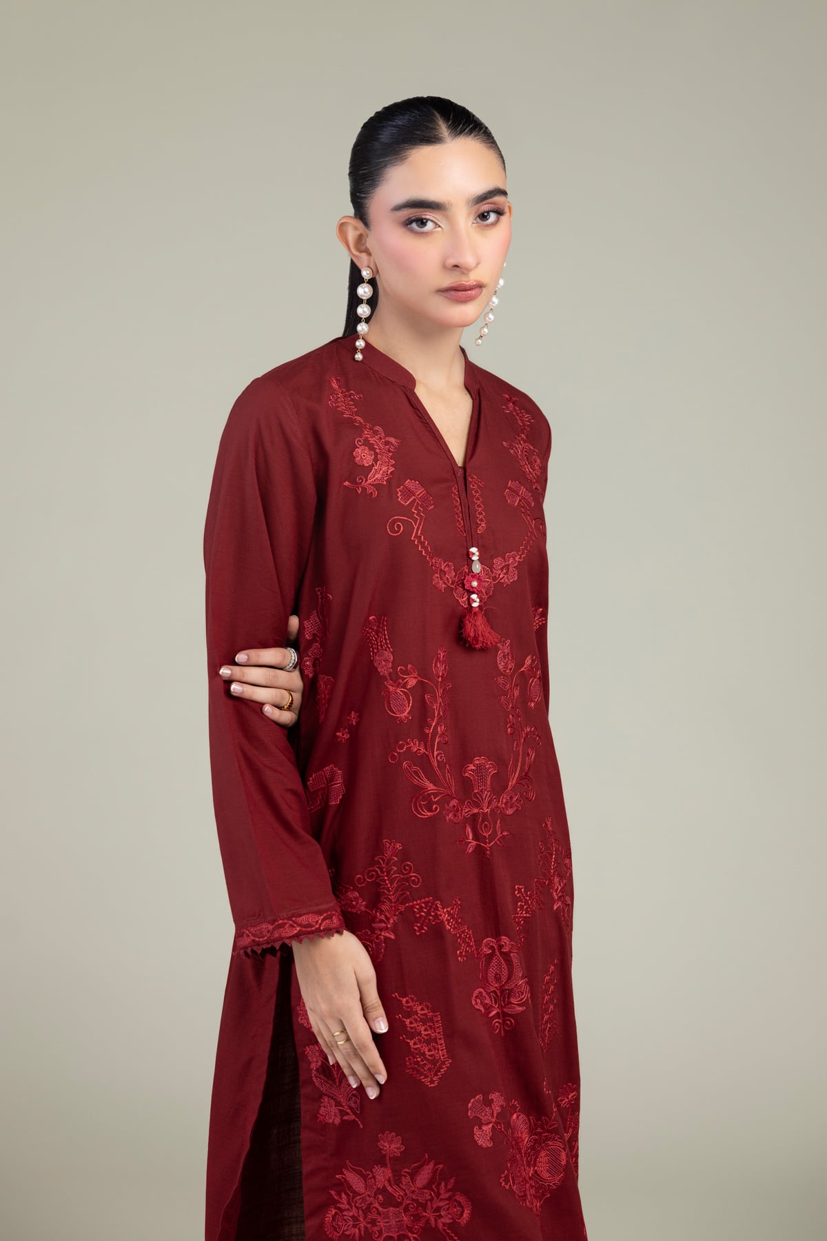 Embroidered Raw Silk V-Neck Silk Kurta - 1-26-102-A-F-VG