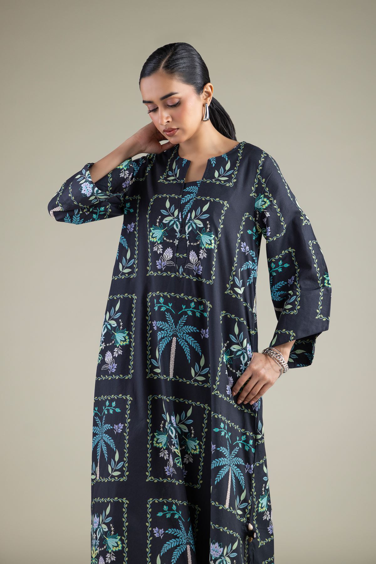 Embroidered Cambric Long Printed Kurta - 1-26-144-A-B-VG