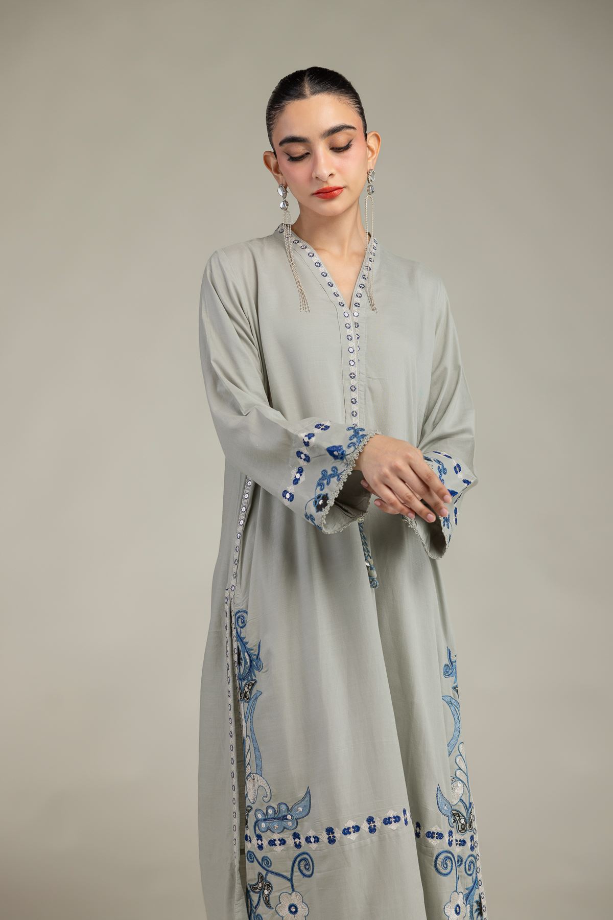 Embroidered Raw Silk Floral V-Neck Kurta - 1-26-203-B-H1-VG