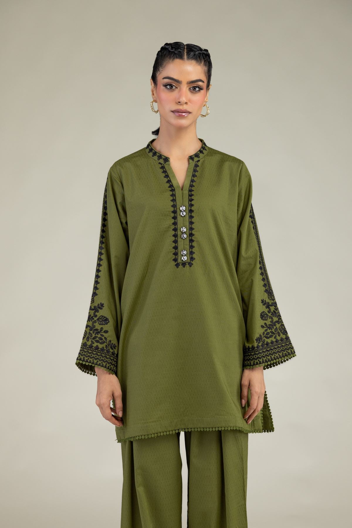 Embroidered Cotton Dobby Cotton Olive Kurta - 1-26-240-A-I1-VG