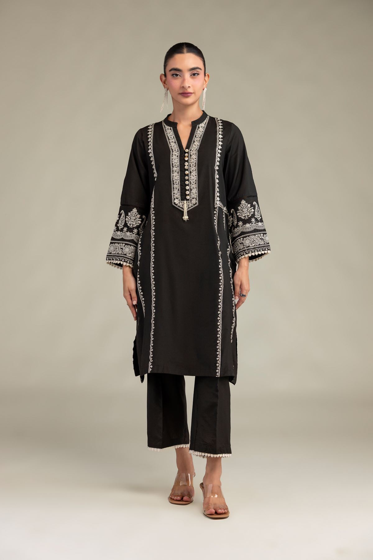 Printed Raw Silk Black Silk Pants - 1-26-102-A-F-VG