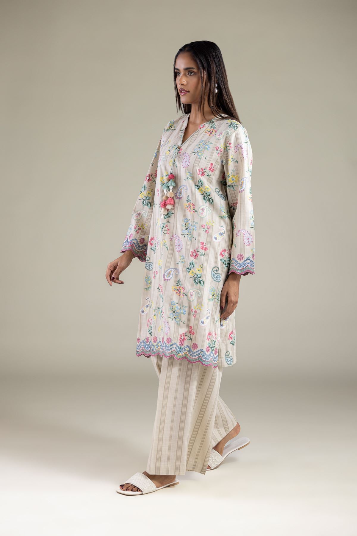 Embroidered Textured Cotton Pants - 1-26-123-A-H-VG