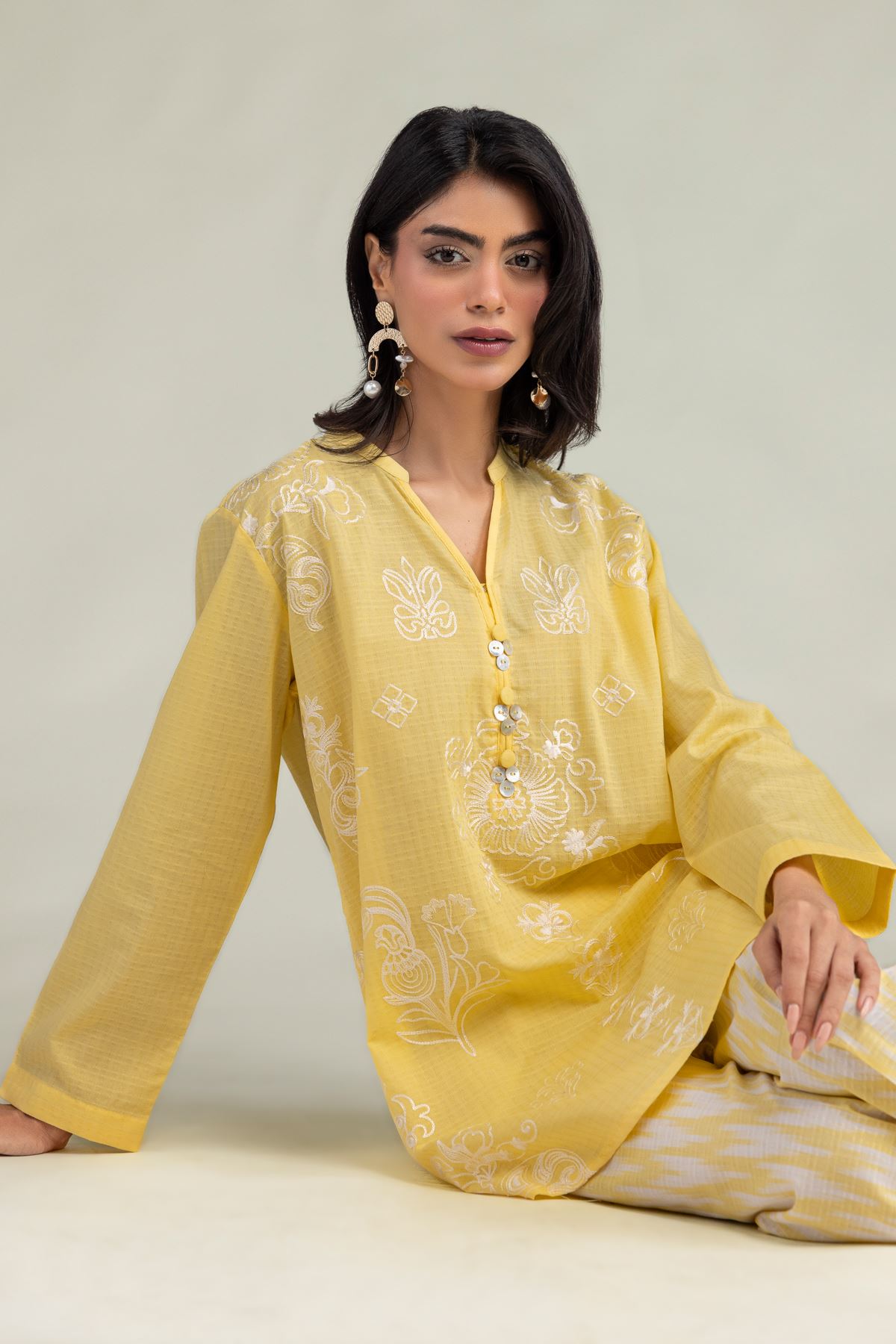Embroidered Cotton Dobby Yellow Floral Kurta - 1-26-317-B-F2-VG