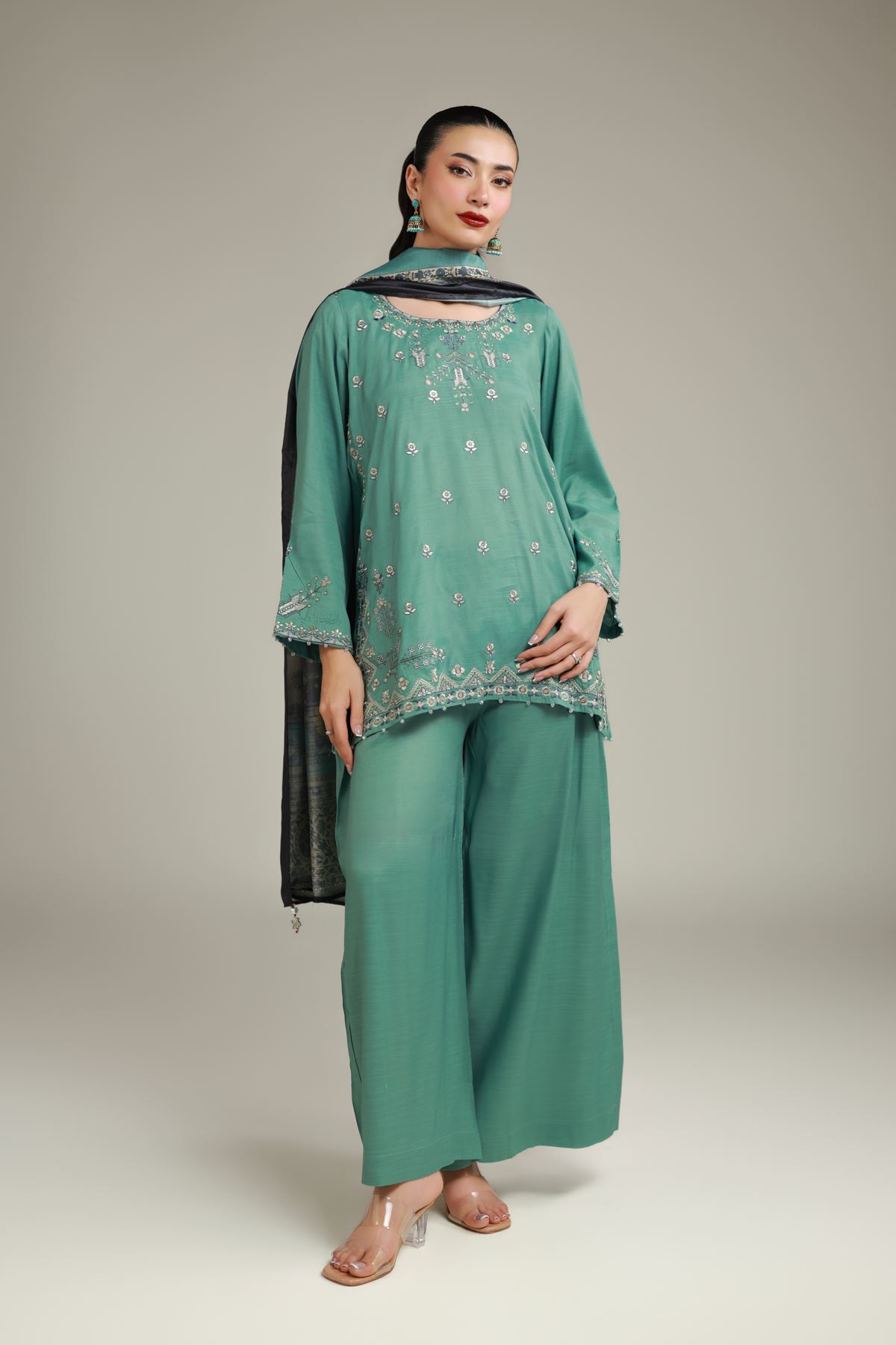 Embroidered Raw Silk Summer Teal Pants - 2-26-106-A-G-VG