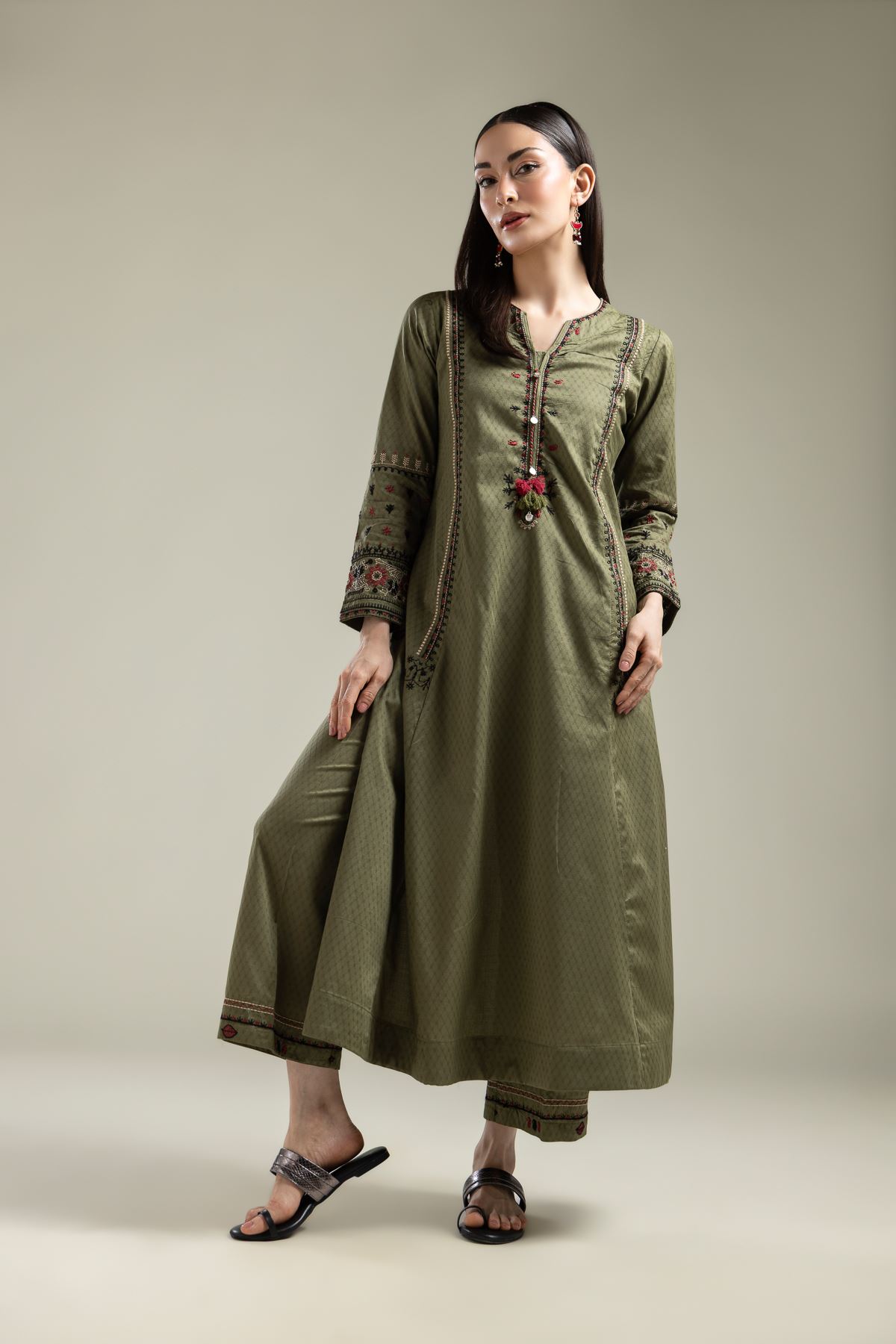 Embroidered Cotton Dobby Cotton Olive Pants - 1-26-236-A-C2-VG