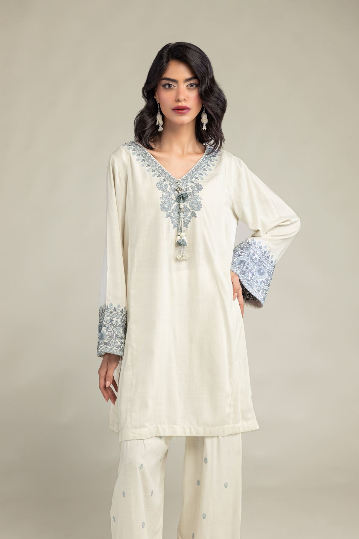 Embroidered Raw Silk Floral V-Neck Kurta - 2-26-301-A-E1-VG