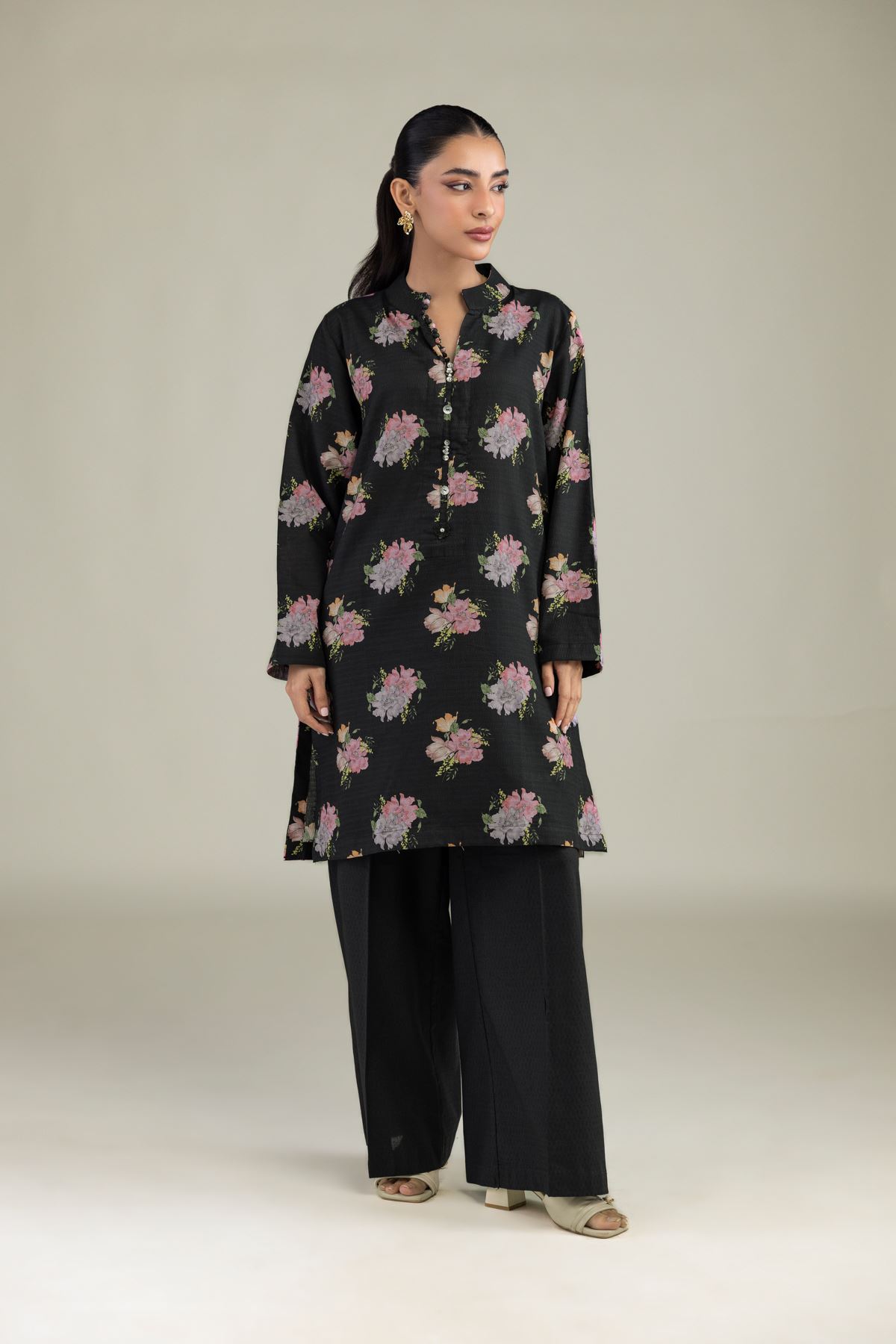 Printed Cotton Dobby Black Floral Kurta - 1-26-102-A-F-VG