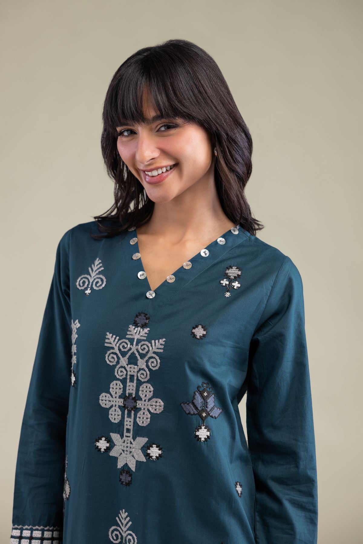 Embroidered Cambric Teal Longline Kurta - 2-26-212-A-H1-VG