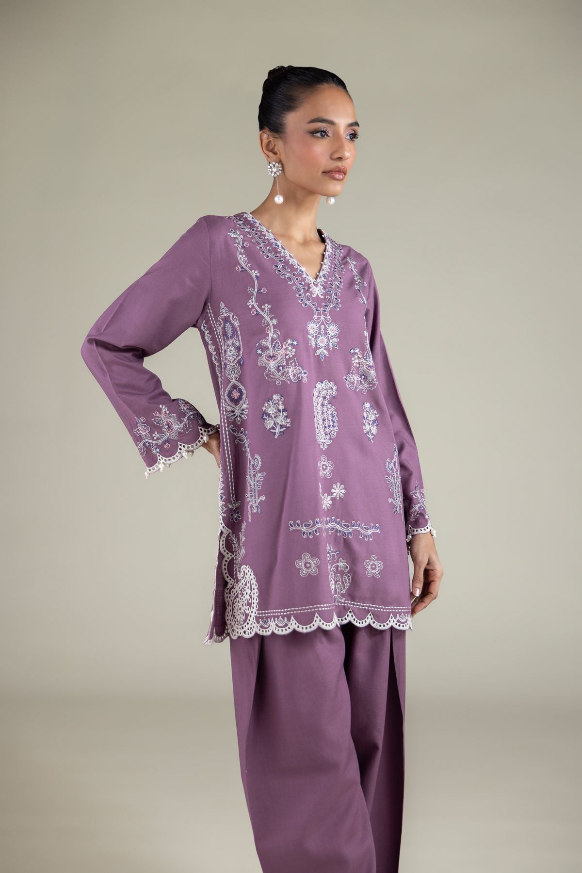 Embroidered Raw Silk Floral V-Neck Kurta - 2-26-105-A-D-VG