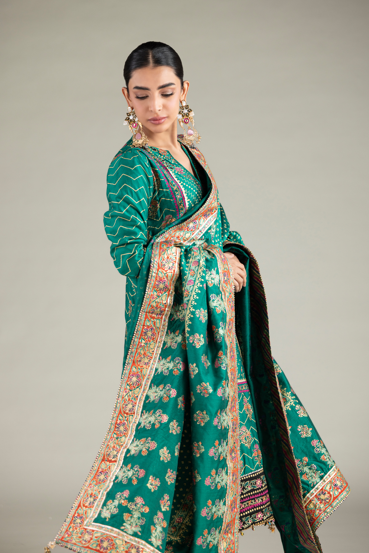 Printed Raw Silk 3 Piece Co-ord Set - 2-26-112-A-C-VG