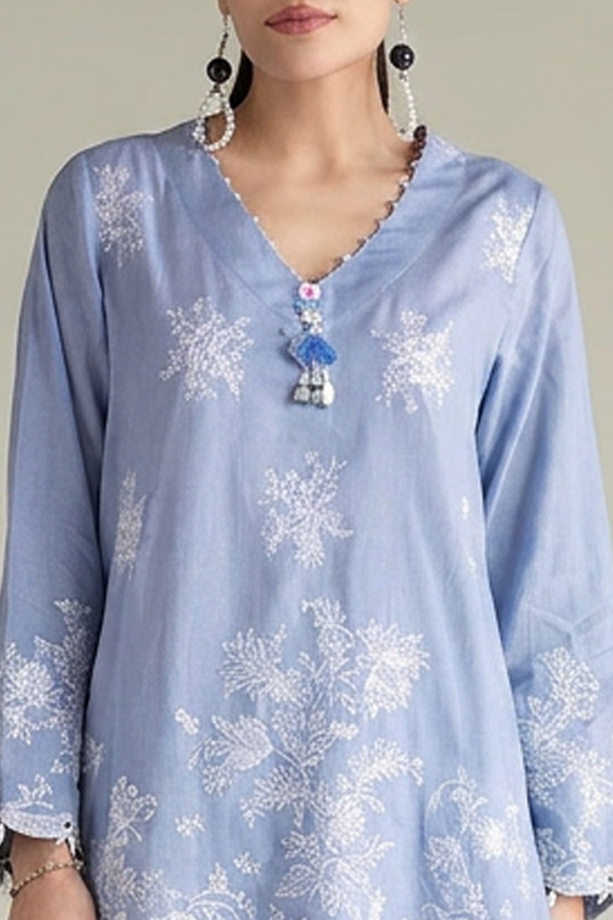 Embroidered Textured Cotton Tailored 2 Piece | Top and Bottom - T-A22-26-207EA2-VG