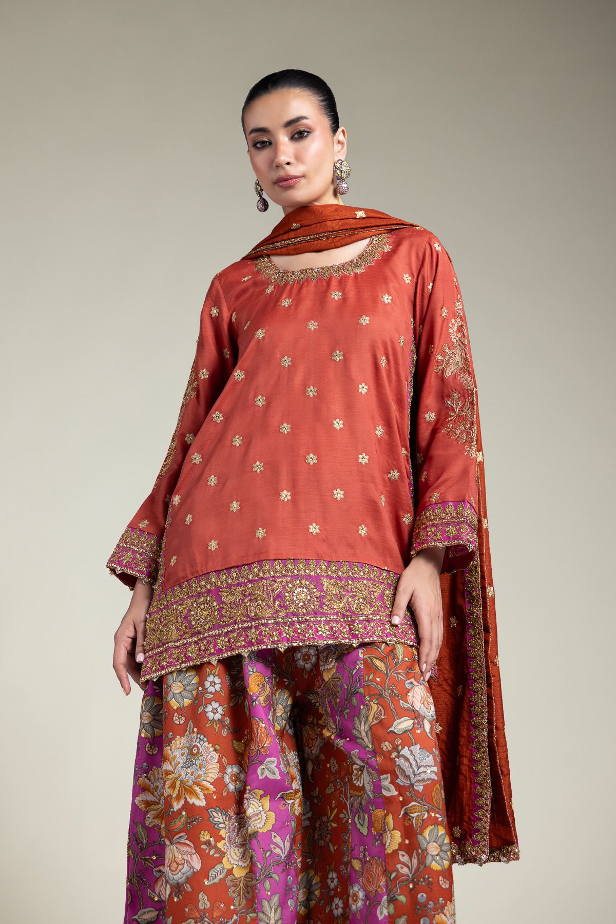 Embroidered Raw Silk Three-Piece Set - 5-26-104-F-E-VG