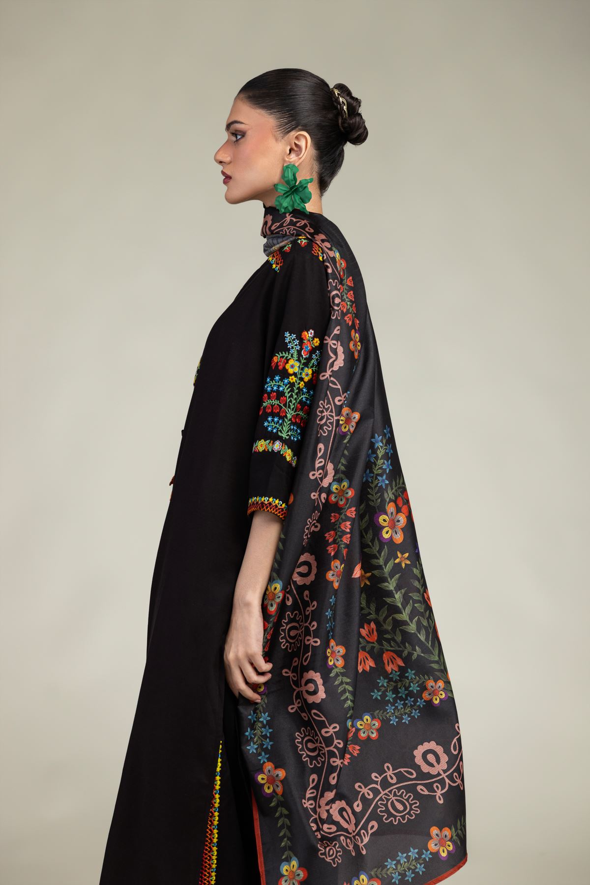 Embroidered Polyester Silk Floral Black Dupatta - 1-26-203-A-G1-VG
