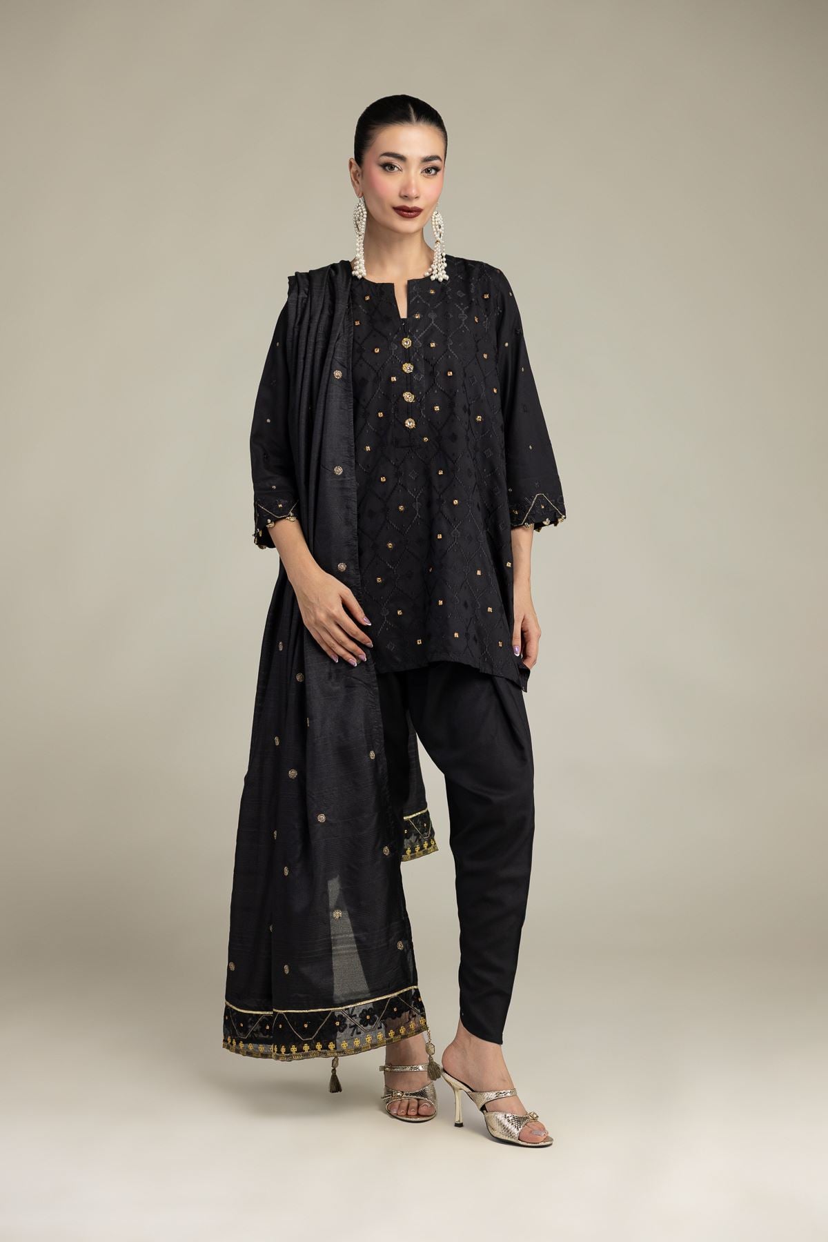 Embroidered Raw Silk Black Silk Shalwar - 2-26-207-A-C1-VG