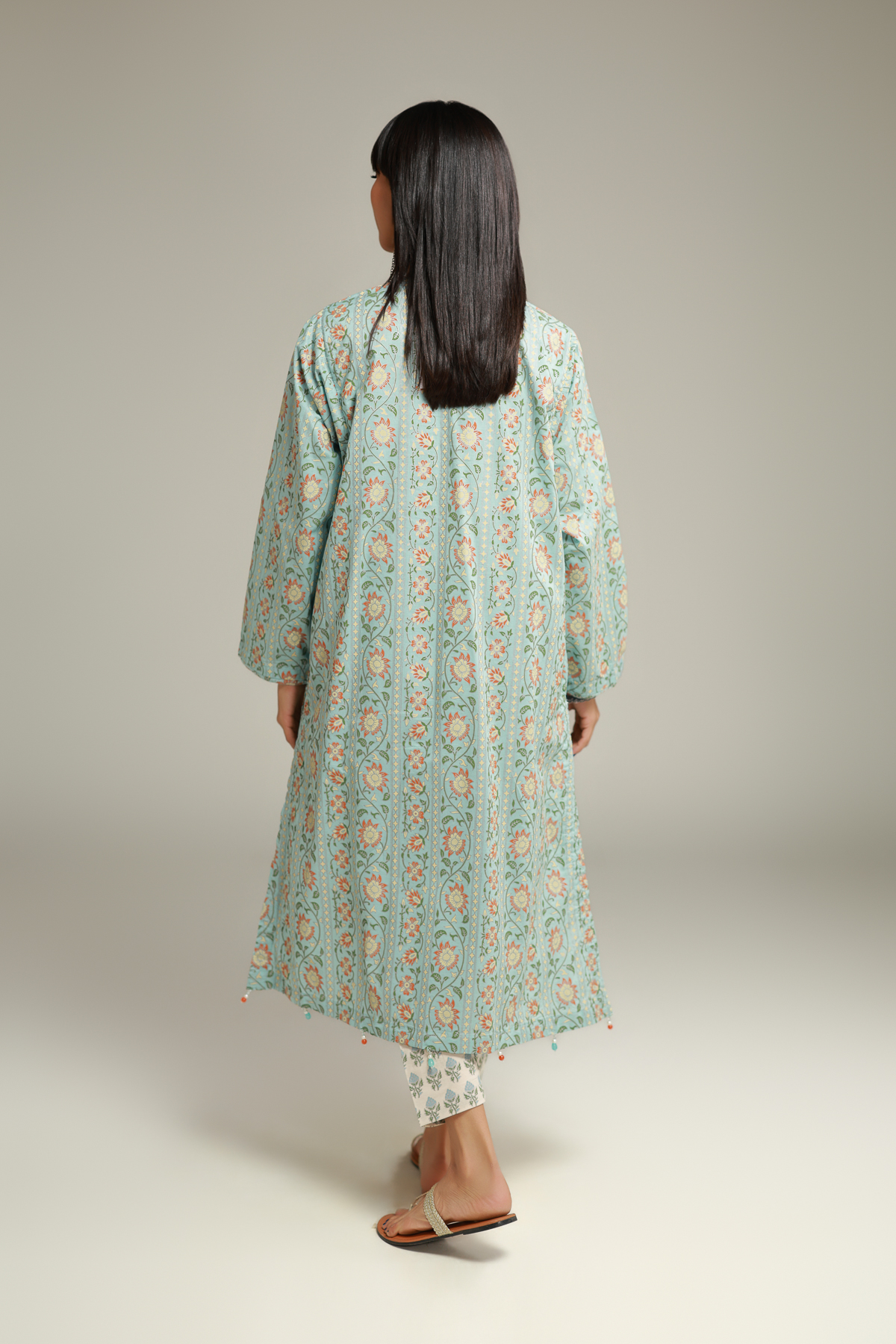 Printed Cambric Floral Tassel Kurta - 12-26-115-E-H-VG