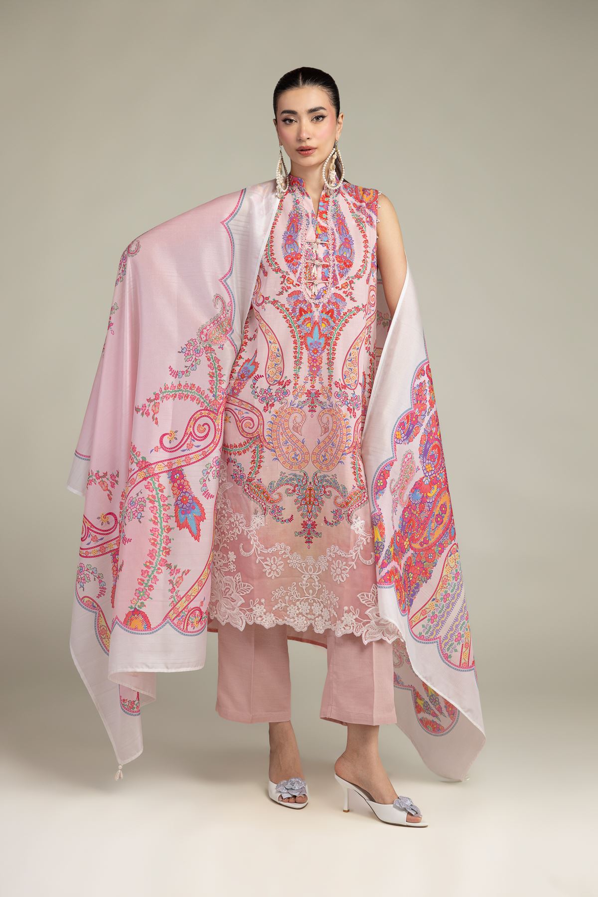 Embroidered Polyester Silk Pink Floral Dupatta - 2-26-212-A-E1-VG