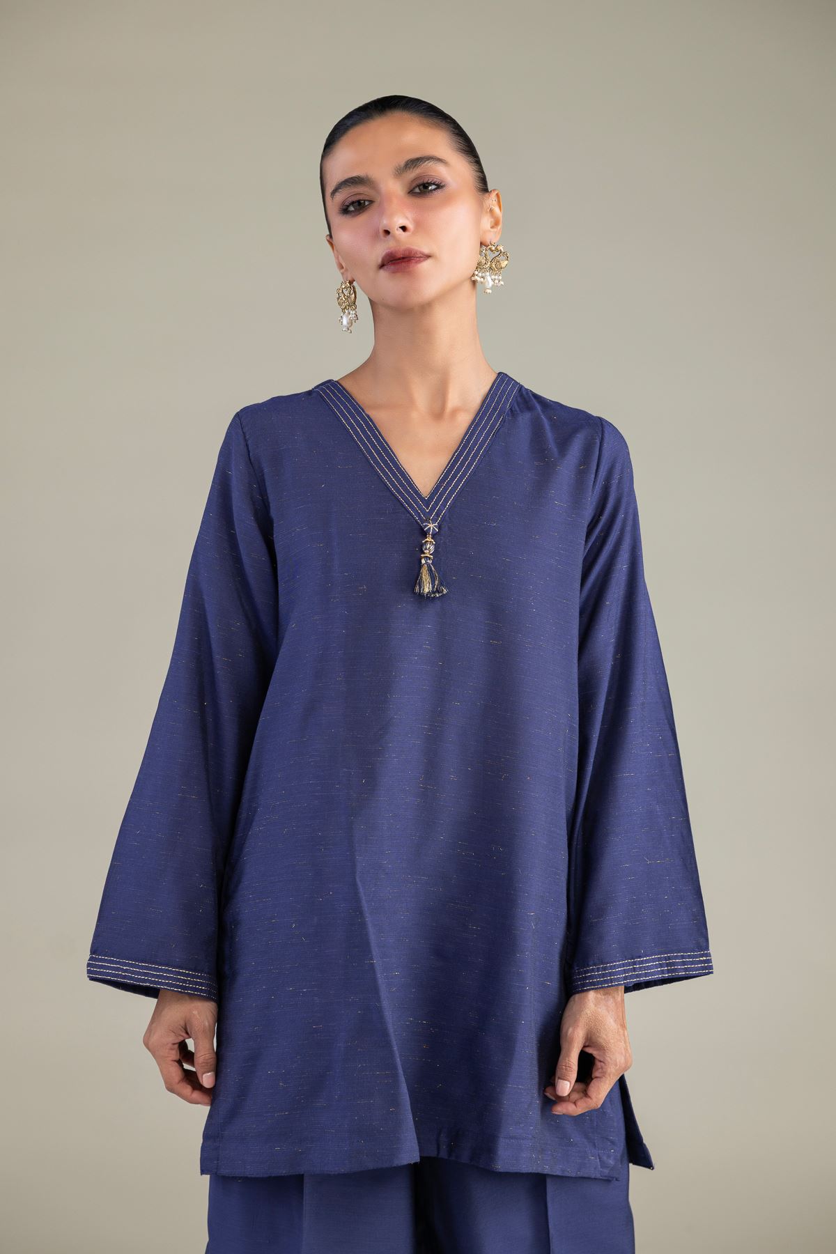 Dyed Mesuri Silk Solid V-Neck Kurta - 1-26-322-B-A1-VG