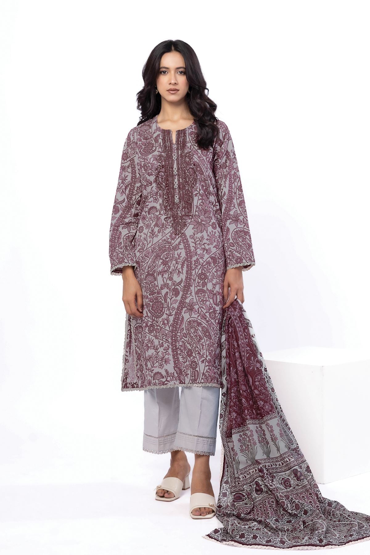 Embroidered Cotton Tailored 3 Piece - T-A22-26-107FA-VG