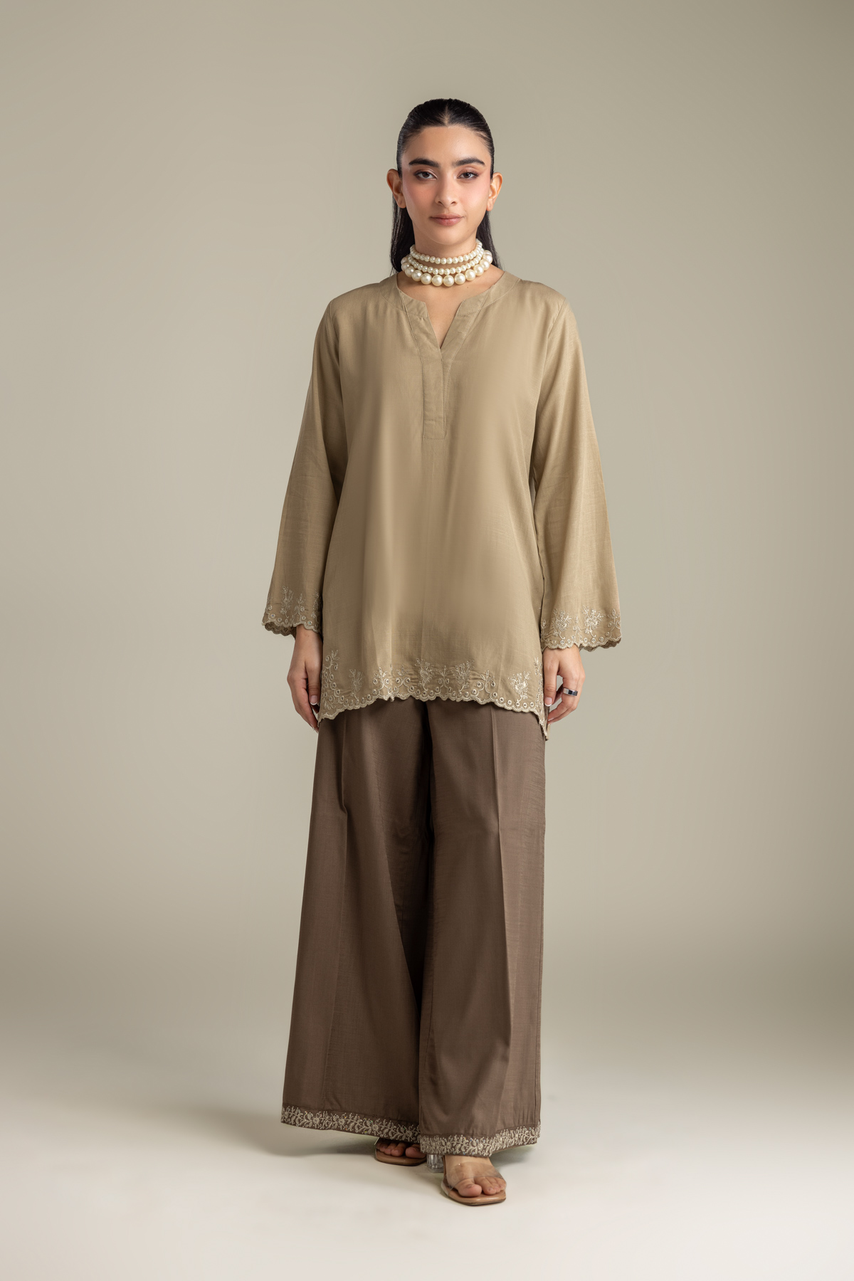 Embroidered Raw Silk V-Neck Beige Kurta - 2-26-418-A-H1-VG