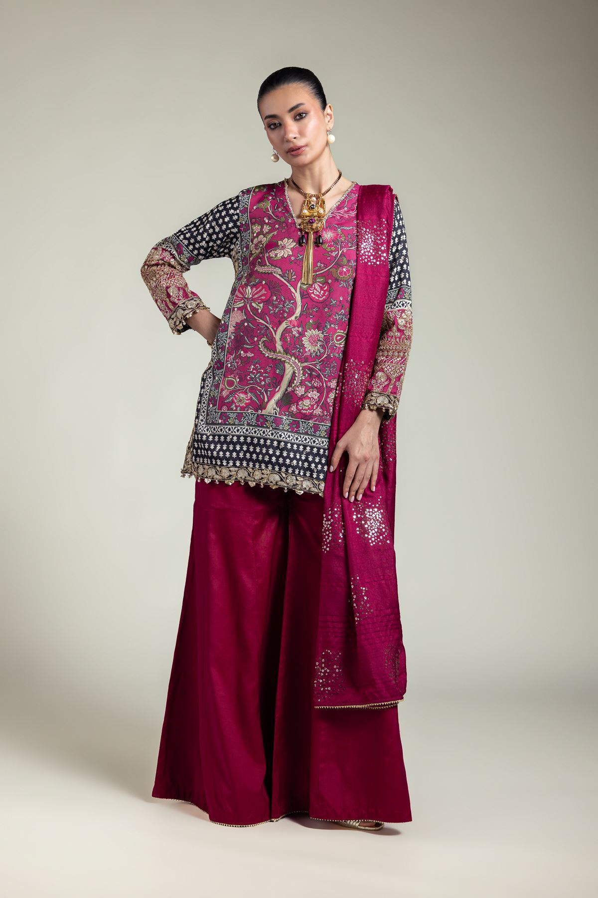 Embroidered Raw Silk Printed 3-Piece Set - 1001928305