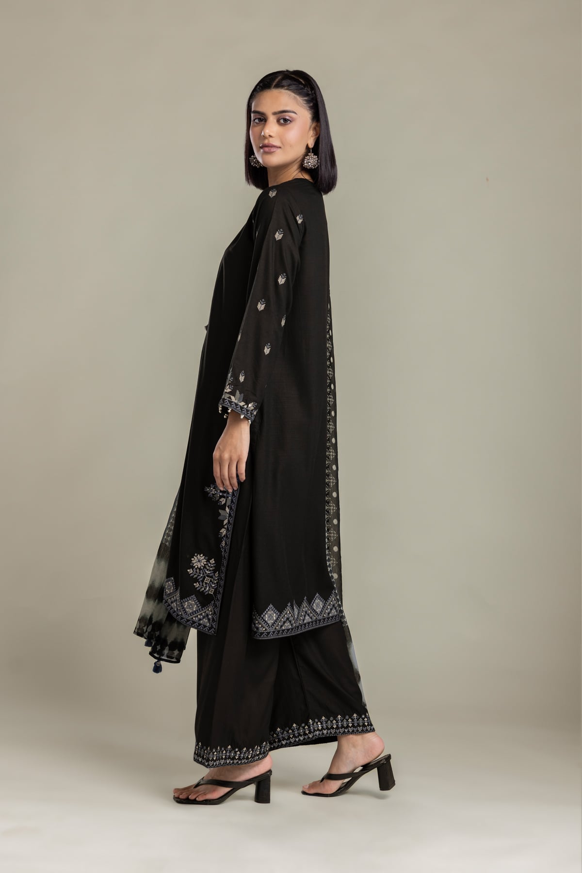 Embroidered Raw Silk Black Tailored 3-Piece - 1-26-408-A-B1-VG