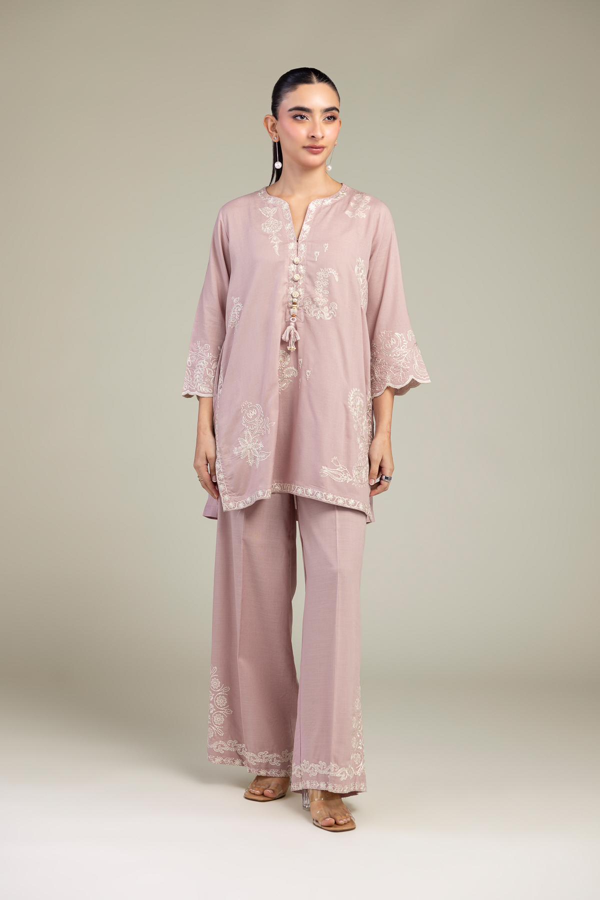 Embroidered Raw Silk V-Neck Pink Kurta - 1-26-309-B-D1-VG