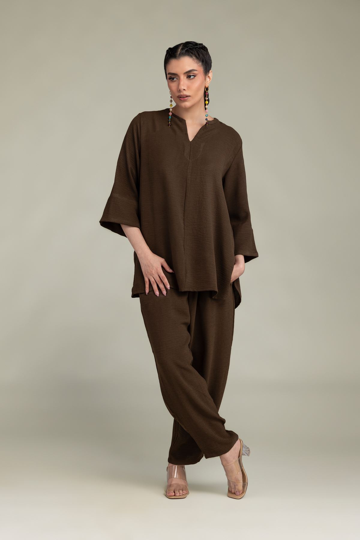 Dyed Crepe Georgette Solid V-Neck Tunic - 1-26-229-B-F1-VG