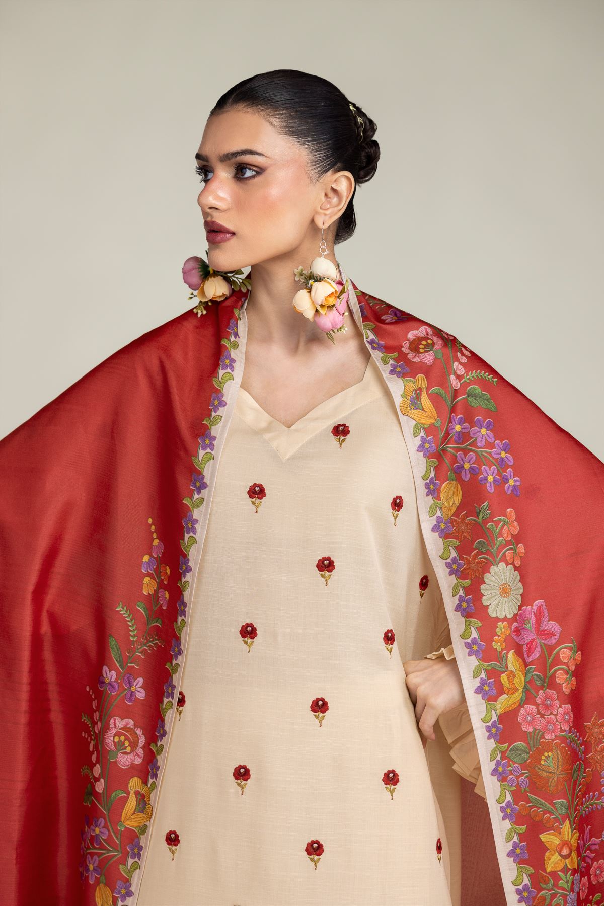 Embroidered Polyester Silk Floral Red Dupatta - 1-26-203-A-F1-VG