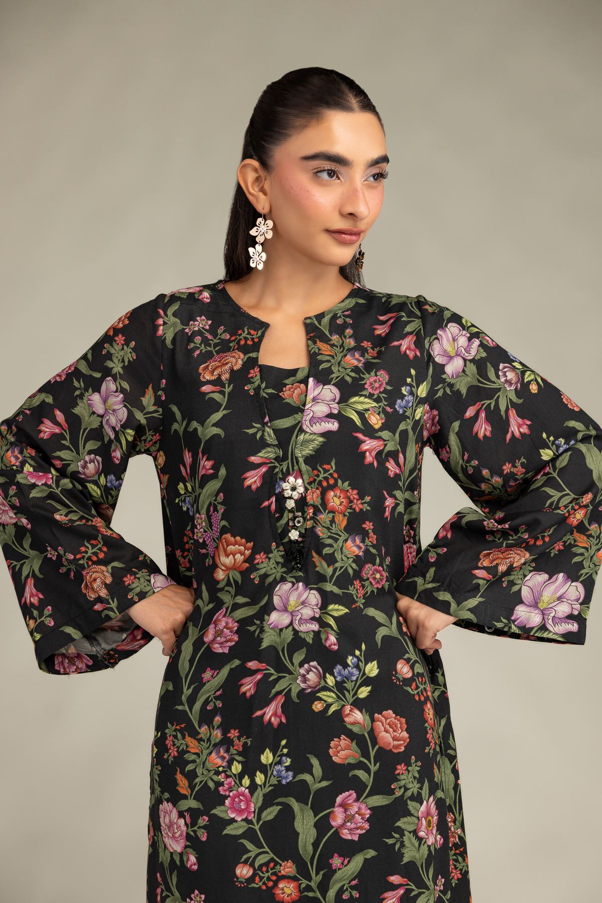 Printed Raw Silk Black Floral Kurta - 8-26-303-A-C1-VG