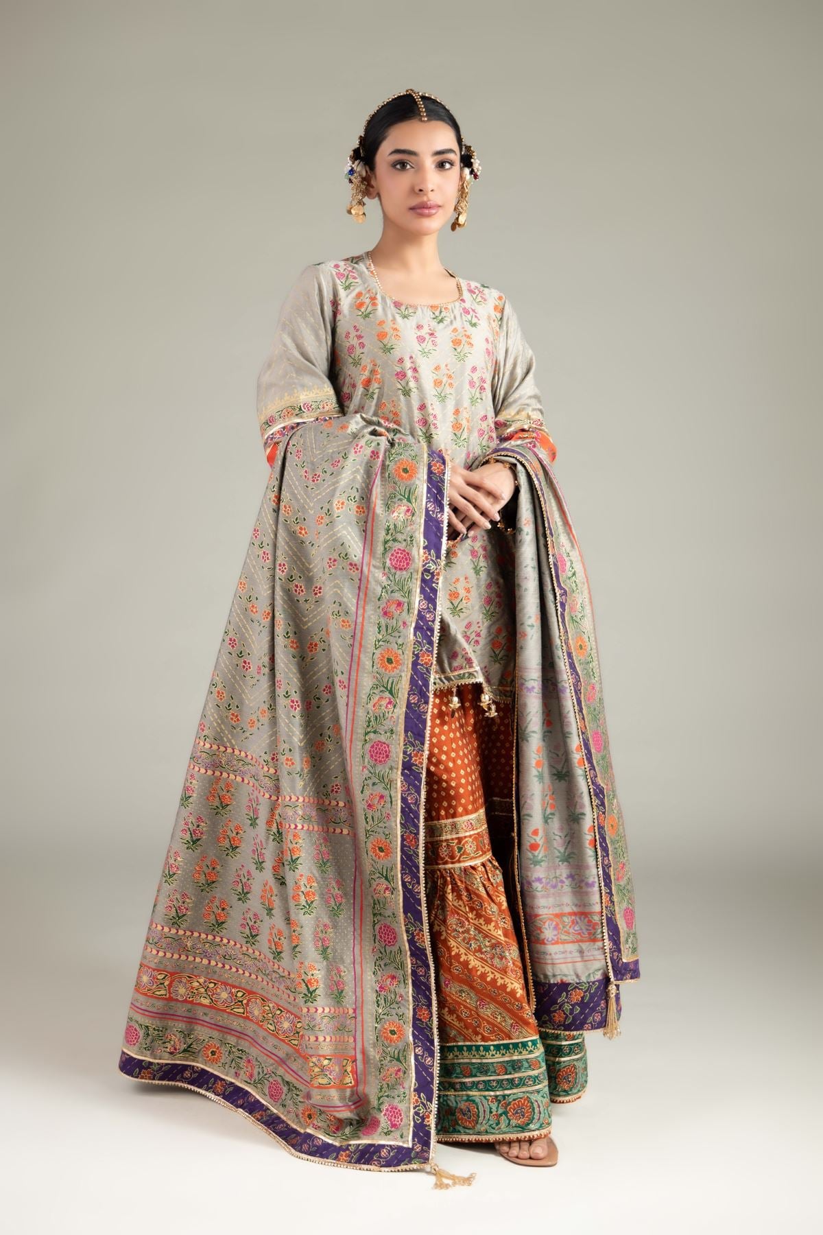 Printed Raw Silk 3 Piece Co-ord Set - 5-26-103-F-F-VG