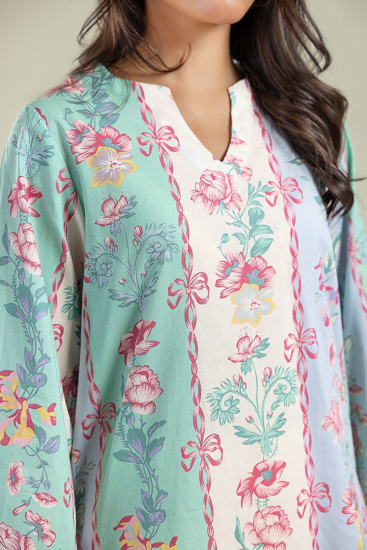 Printed Cambric Floral V-Neck Kurta - 1-26-208-A-F1-VG