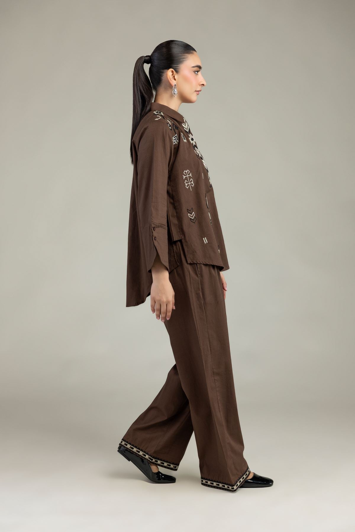 Embroidered Textured Cotton Brown Cotton Trousers - 6-26-204-A-B1-VG