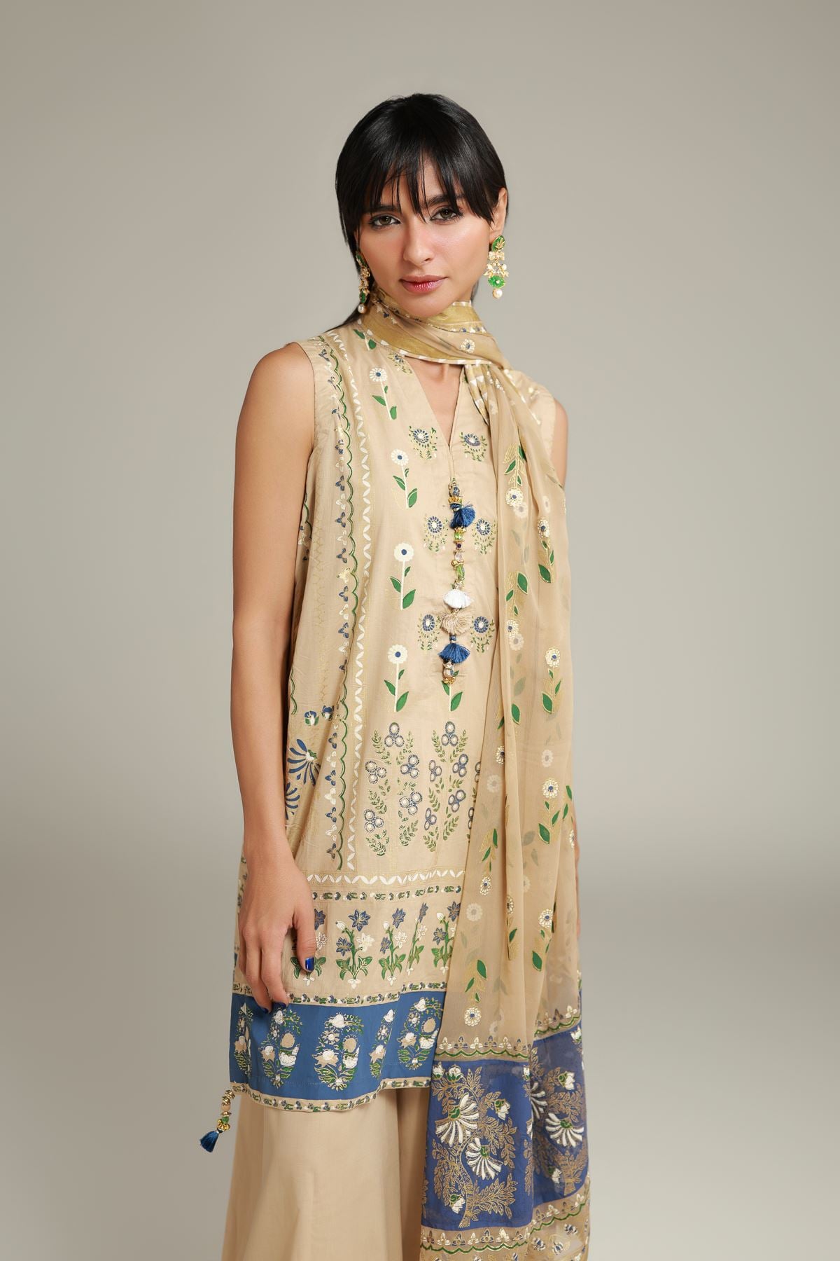 Printed Cambric Sleeveless Co-ords Set - 26-02-1E13-02TA-VG