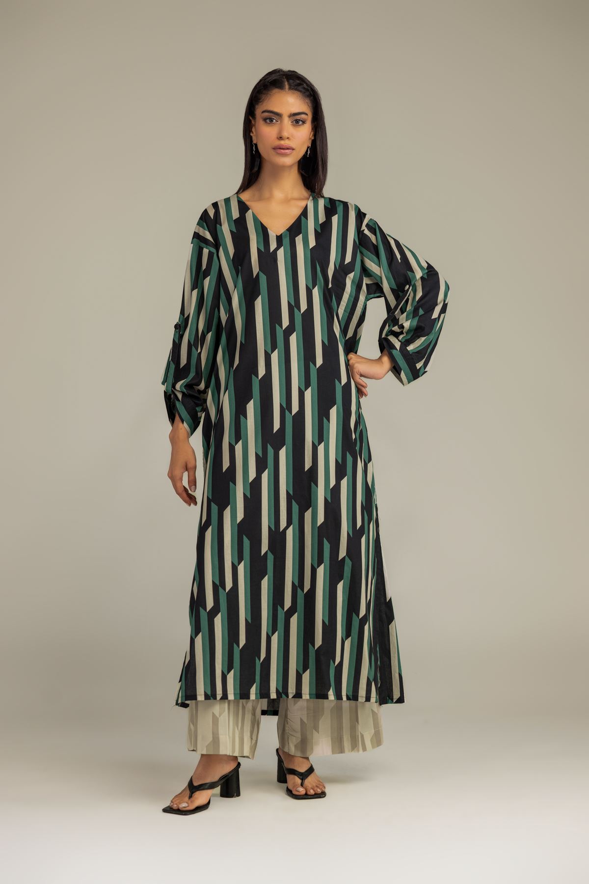 Printed Cambric Cambric Longline Shirt - 1-26-229-B-F1-VG