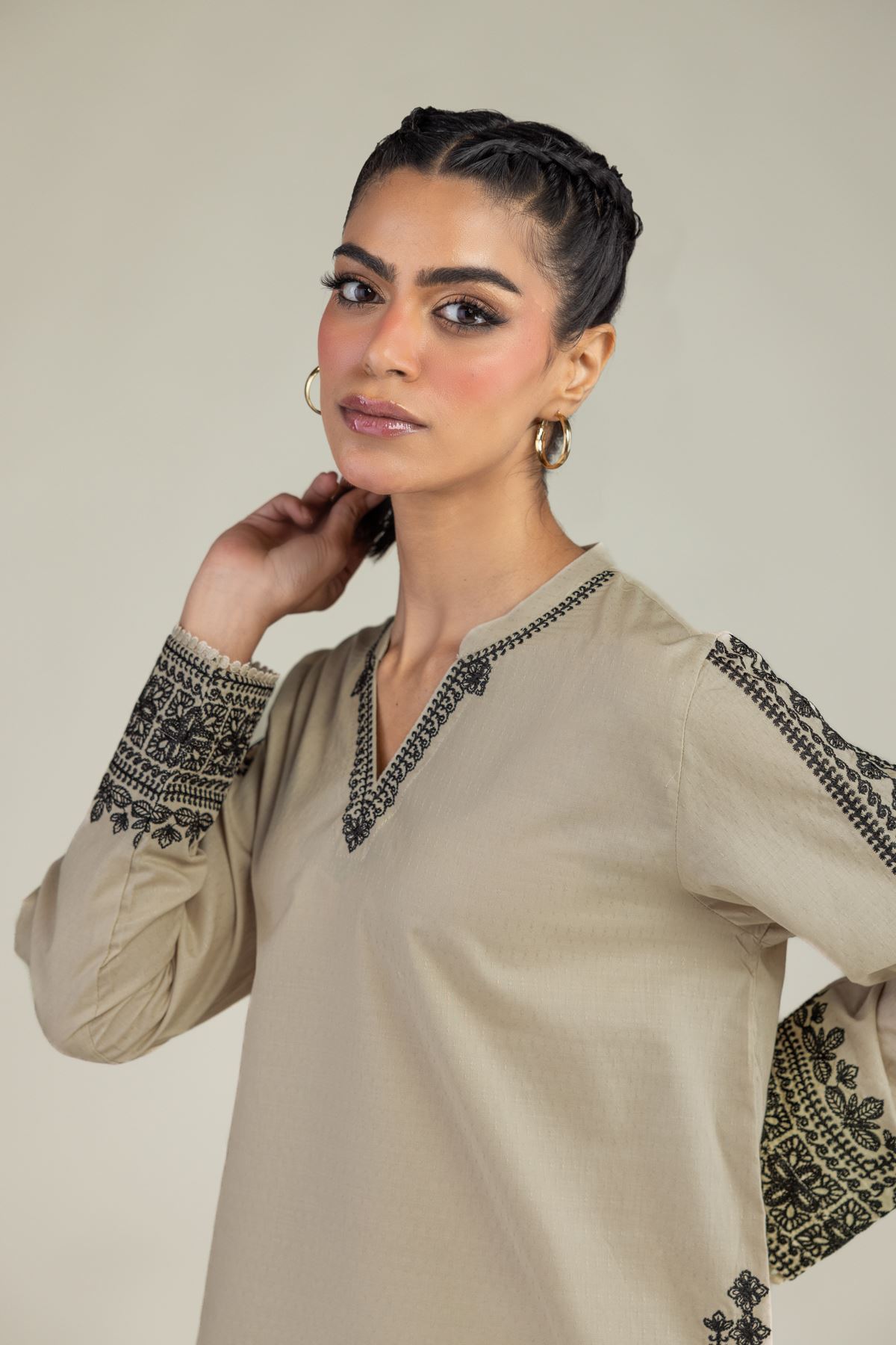 Embroidered Cotton Dobby Beige V-Neck Kurta - 1-26-245-A-J1-VG