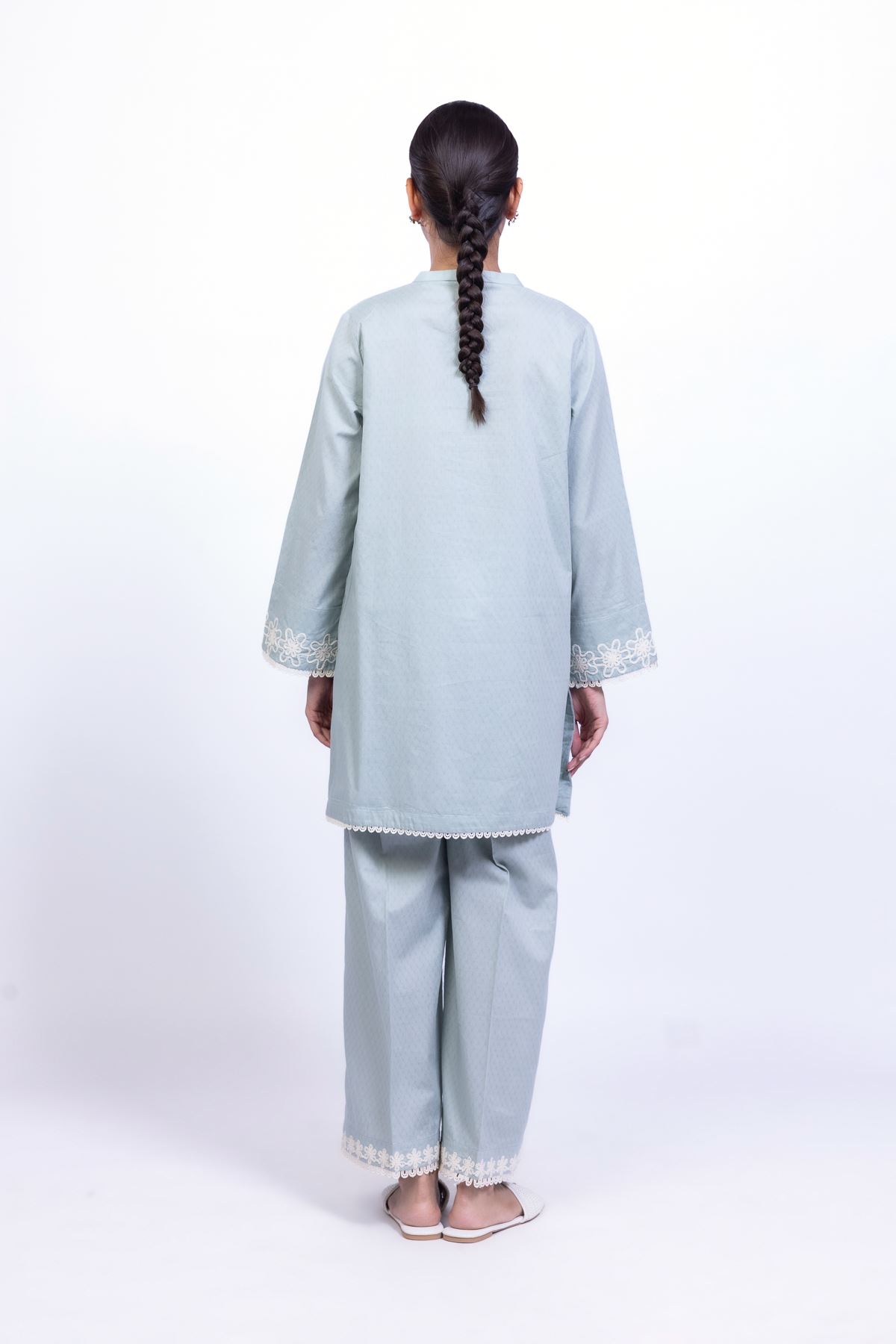 Embroidered Cotton Dobby Floral V-Neck Kurta - 1-26-101-A-C-VG