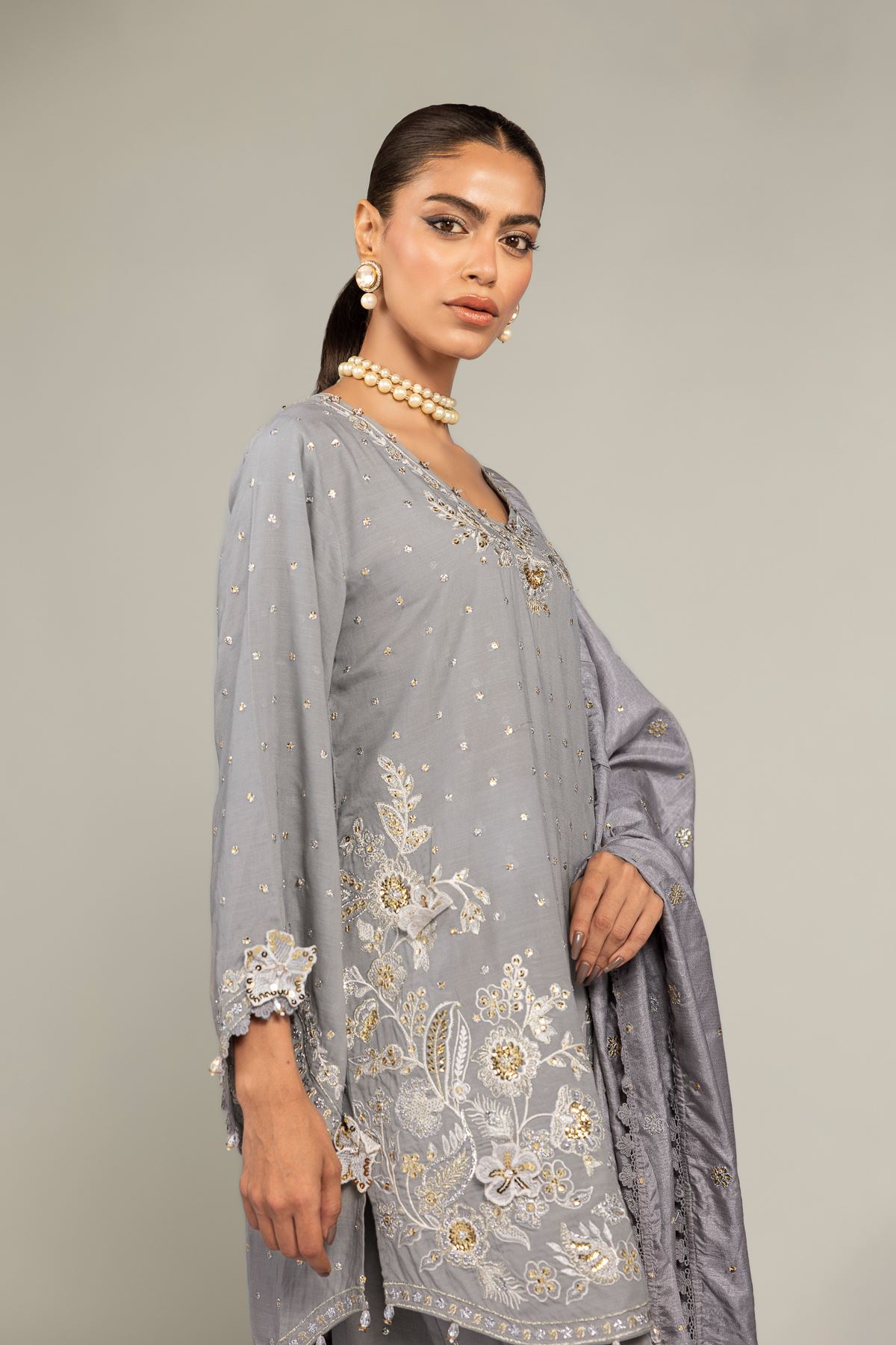 Embroidered Raw Silk 3-Piece Co-ord Set - 8-26-303-A-B1-VG