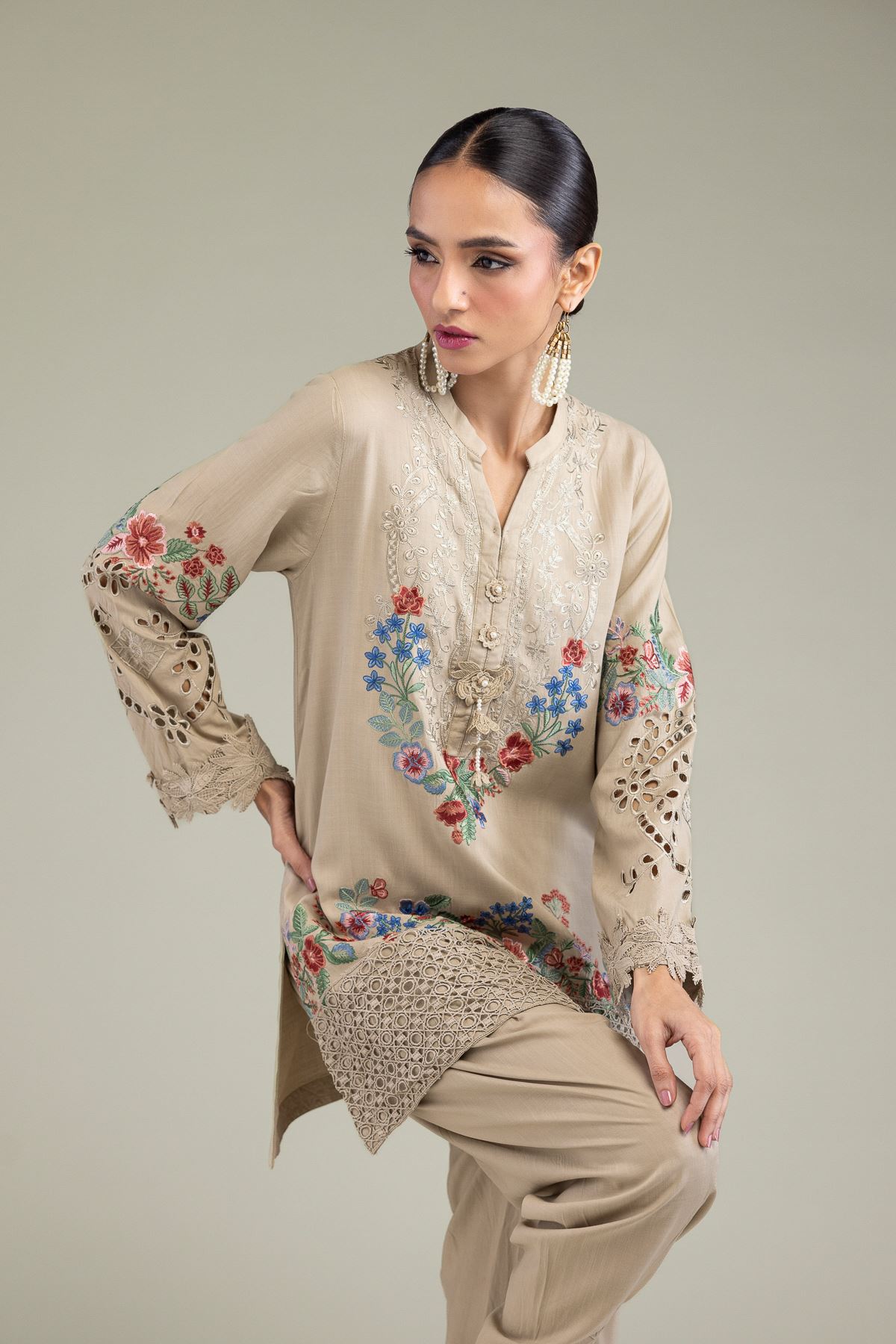 Embroidered Raw Silk Floral Silk Kurta - 1-26-131-A-B-VG