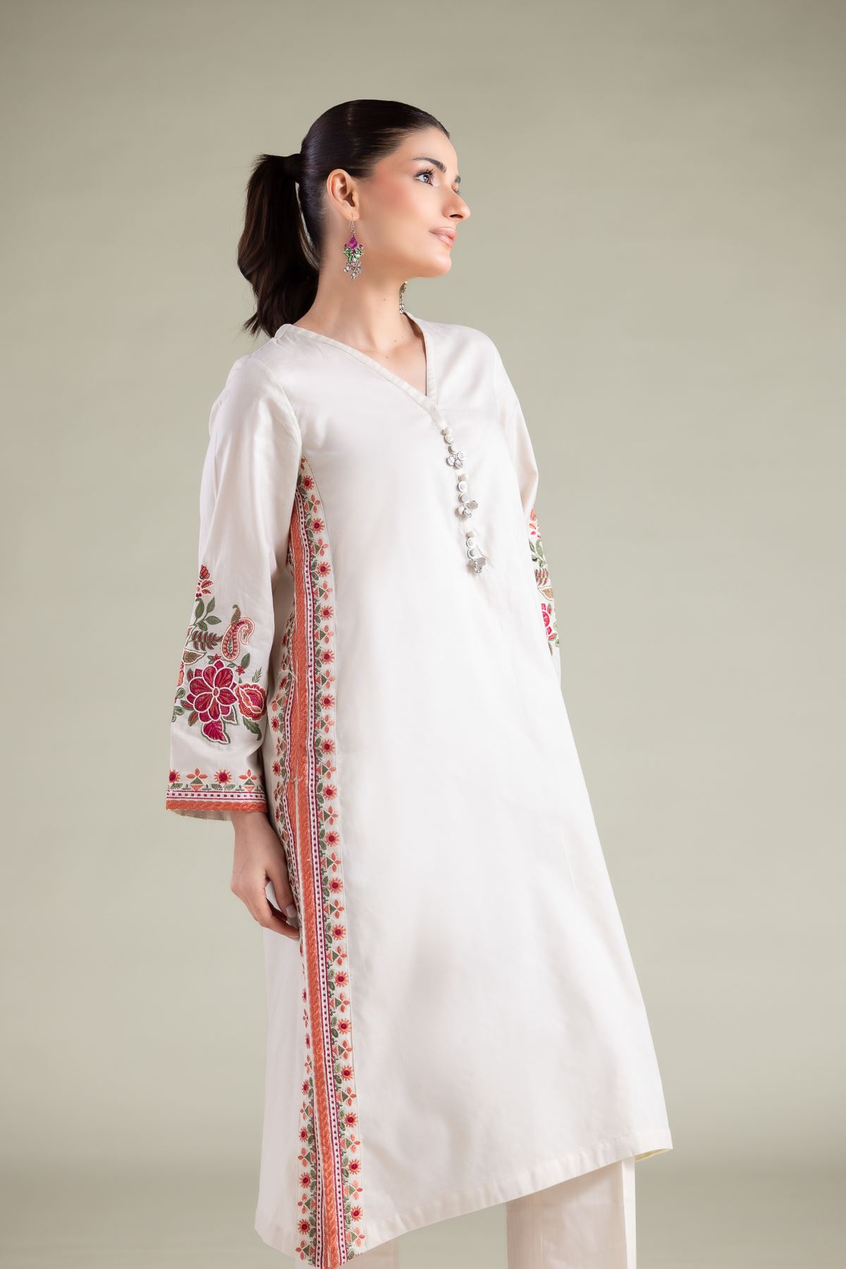 Embroidered Cotton Dobby Floral Longline Kurta - 1-26-108-A-F-VG