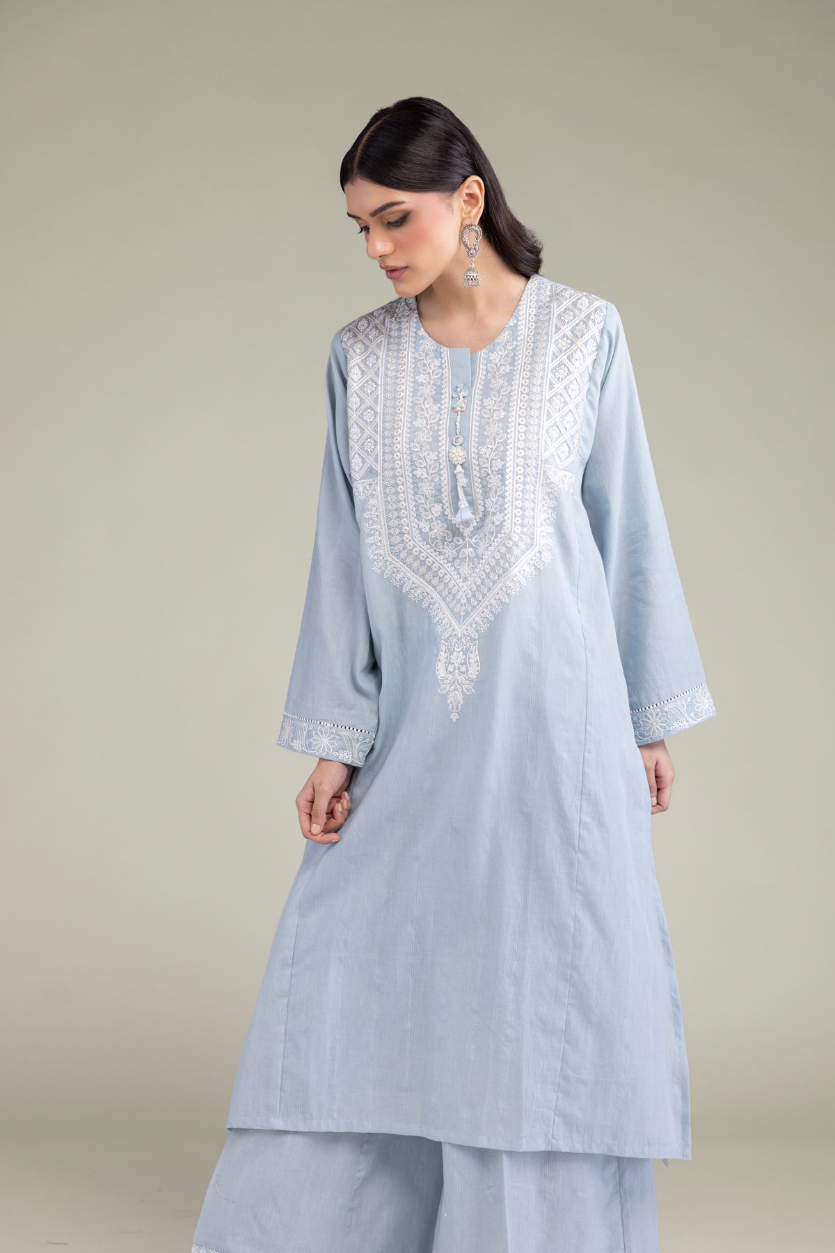 Embroidered Textured Cotton Tailored 2 Piece | Top and Bottom - 2-26-102-A-B-VG