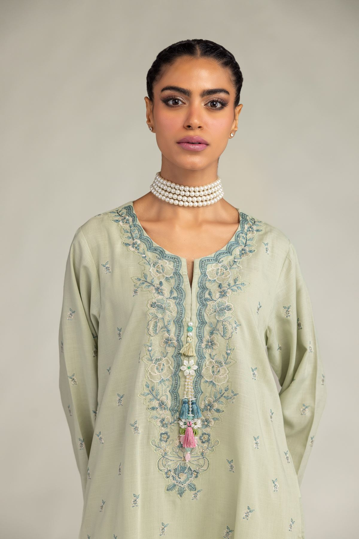 Embroidered Raw Silk Floral Mint Kurta - 2-26-306-A-D1-VG