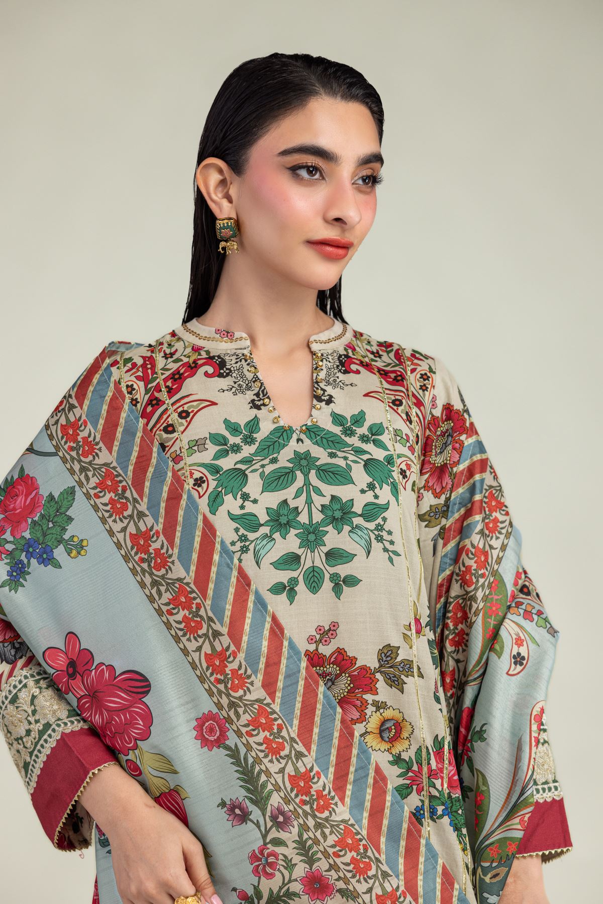 Embroidered Mesuri Floral Beige Dupatta - 1-26-102-A-F-VG